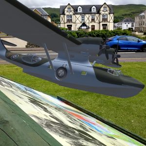 Side view of model PBY Catalina flying above the panel installation of Largs D-Day Connection